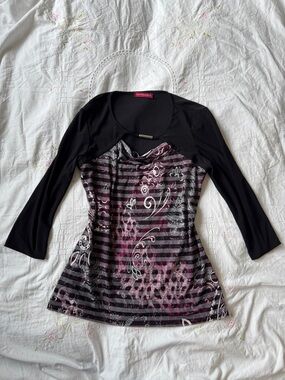 Y2K 3/4 Sleeve Black & Plum Patterned Women's Top